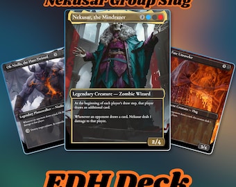 Puede incluir: Tres cartas coleccionables de Magic: The Gathering sobre un fondo oscuro. La carta central es Nekusar, the Mindrazer, flanqueada por Ob Nixilis, the Hate-Twisted y Fate Unraveler. El texto superior dice Nekusar Group Slug y EDH Deck.