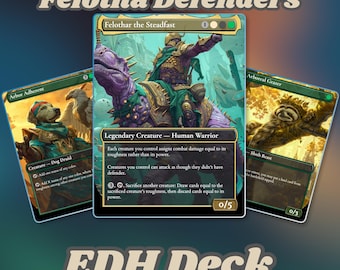 Puede incluir: Una colección de tres cartas coleccionables titulada Felotha Defenders EDH Deck. La carta central muestra a Felothar the Steadfast, una criatura guerrera legendaria montada sobre una bestia púrpura. La carta izquierda muestra a Arbor Adherent y la derecha a Arboreal Grazer.