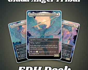 May include: Three Magic: The Gathering trading cards featuring angel artwork, with the central card titled Giada, Font of Hope. The text Giada Angel Tribal and EDH Deck is displayed in white font above and below the cards on a dark background.