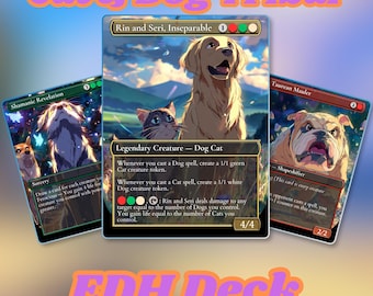 Puede incluir: Un conjunto de tres cartas de Magic: The Gathering. La carta central presenta un golden retriever y un gato gris. Las otras cartas presentan un perro y un gato. El texto "Cat & Dog Tribal" y "EDH Deck" son visibles.