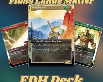 Puede incluir: Tres cartas coleccionables de Magic: The Gathering tituladas Flubs, the Fool, Harnfel, Horn of Bounty y Avenger of Zendikar. La carta central muestra un explorador rana. El texto Flubs Lands Matter y EDH Deck aparece en amarillo.