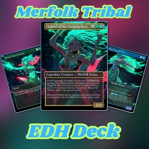 May include: Image of three Magic: The Gathering cards. The central card features a green and black illustration of a Merfolk Scout. The other cards are Heroic Intervention and Mist Dancer. The text "Merfolk Tribal" and "EDH Deck" are also visible.