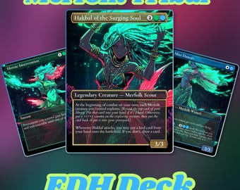 Puede incluir: Imagen de tres cartas de Magic: The Gathering. La carta central presenta una ilustración verde y negra de un Merfolk Scout. Las otras cartas son Heroic Intervention y Mist Dancer. También se ve el texto "Merfolk Tribal" y "EDH Deck".