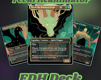 Puede incluir: Tres cartas coleccionables de Magic: The Gathering tituladas Teval, the Balanced Scale, Colossal Grave-Reaver y Avenger of Zendikar. Las cartas presentan ilustraciones estilizadas de dragones y elementales en verde y negro con el texto Teval Reanimator EDH Deck.