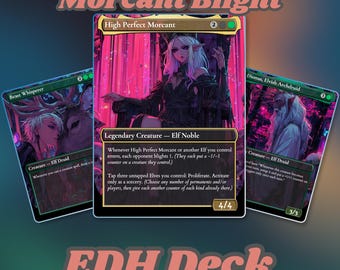 Puede incluir: Tres cartas coleccionables tituladas Morcant Blight EDH Deck. La carta central muestra a High Perfect Morcant, una criatura elfo noble legendaria con estadísticas 4/4. La carta de la izquierda es Beast Whisperer y la de la derecha es Dionus, Elvish Archdruid.