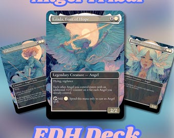 Puede incluir: Tres cartas de arte fantástico con ángeles. La carta central muestra "Giada, Font of Hope", con una figura alada empuñando una espada. Las otras cartas muestran "Valkyrie Harbinger" y "Linvala, Keeper of Silence". El texto "Angel Tribal" y "EDH Deck" también es visible.