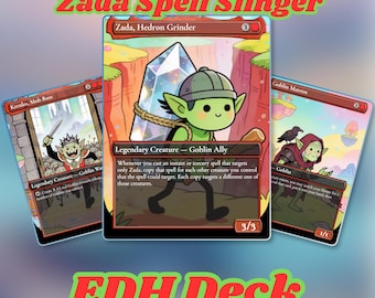 Puede incluir: Tres cartas coleccionables de Magic: The Gathering tituladas Zada Spell Slinger EDH Deck. La carta central muestra a Zada, Hedron Grinder, un duende verde cargando un gran cristal. La carta izquierda muestra a Krenko, Mob Boss, y la derecha a Goblin Matron.