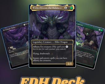 Puede incluir: Una exhibición de tres cartas de Magic: The Gathering. La carta central presenta un dragón con el texto "Witherbloom, the Balancer". Las otras cartas son "In Garruk's Wake" y "Cultivate". Las palabras "EDH Deck" están en la parte inferior.
