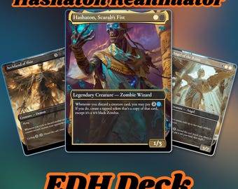 Puede incluir: Una colección de tres cartas coleccionables titulada Hashaton Reanimator EDH Deck. La carta central muestra a Hashaton, Scarab's Fist, una criatura legendaria zombie mago. Flanqueada por las cartas Archfiend of Ifnir y Angel of the Ruins.