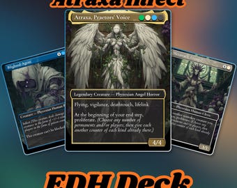 Puede incluir: Una exhibición de tres cartas de mazo EDH de Magic: The Gathering. La carta central presenta a Atraxa, Voz de los Pretores, un Horror Ángel Phyrexiano. Blighted Agent y Metastatic Evangel también se muestran. El texto "Atraxa Infect" y "EDH Deck" también son visibles.