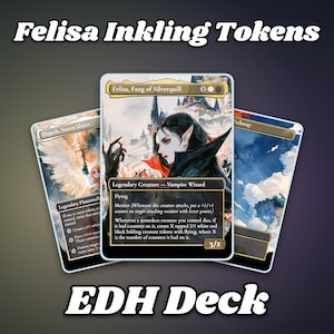 Puede incluir: Tres cartas coleccionables dispuestas en abanico. La carta central presenta una ilustración de un mago vampiro de pelo oscuro con el texto Felisa, Fang of Silverquill. La carta de la izquierda muestra a Elspeth, Storm Slayer, y la de la derecha una ilustración de paisaje. Se muestra el texto Felisa Inkling Tokens y EDH Deck.