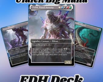 Puede incluir: Tres cartas coleccionables de Magic: The Gathering tituladas Ulalek, Fused Atrocity, Artisan of Kozilek y Benthic Anomaly. La carta central muestra una criatura pálida de múltiples ojos con púas de cristal violeta. El texto dice Ulalek Big Mana EDH Deck.