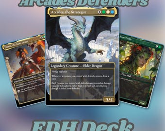 Puede incluir: Tres cartas coleccionables de Magic: The Gathering tituladas Arcades, the Strategist, Huatli, the Sun's Heart y Vine Trellis. La carta central muestra un dragón azul, las otras un guerrero y una criatura vegetal. Texto: Arcades Defenders EDH Deck.