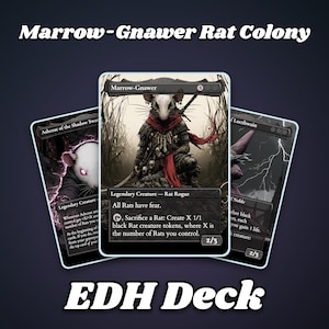 May include: Three trading cards displayed in a fan arrangement. The central card features a white rat character in dark armour with a red scarf. Text on the cards includes Marrow-Gnawer, Ashcoat of the Shadow Swarm, and Locthwain. The title text reads Marrow-Gnawer Rat Colony EDH Deck.