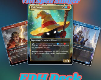 Puede incluir: Una colección de tres cartas coleccionables de Magic: The Gathering con Vivi Ornitier, Coruscation Mage y Archmage Emeritus. La carta central muestra un personaje con un sombrero amarillo grande y ojos blancos brillantes, etiquetado como criatura legendaria mago.