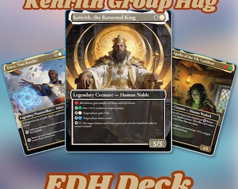 Puede incluir: Tres cartas coleccionables de Magic: The Gathering tituladas Kenrith, the Returned King, Teferi, Time Raveler y Agatha of the Vile Cauldron. La carta central muestra a un rey en un trono. El texto superior dice Kenrith Group Hug y EDH Deck.