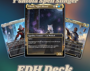Puede incluir: Tres cartas coleccionables rectangulares tituladas Y'shtola Spell Slinger EDH Deck. La carta central es Y'shtola, Night's Blessed, una criatura legendaria Cat Warlock. A los lados están Alisaie Leveilleur, Elf Wizard, y Teferi, Time Raveler, Planeswalker.
