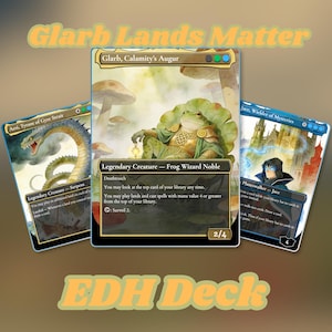 May include: Three Magic: The Gathering trading cards titled Glarb Lands Matter EDH Deck. The center card features Glarb, Calamity's Augur, a frog wizard noble. The left card shows Aesi, Tyrant of Gyre Strait, and the right card shows Jace, Wielder of Mysteries.