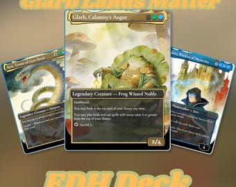 Puede incluir: Tres cartas coleccionables de Magic: The Gathering tituladas Glarb Lands Matter EDH Deck. La carta central muestra a Glarb, Calamity's Augur, un noble mago rana. La carta de la izquierda muestra a Aesi, Tyrant of Gyre Strait y la de la derecha a Jace, Wielder of Mysteries.