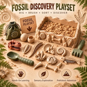 May include: A fossil discovery playset featuring a rectangular sand tray, a green drawstring bag, a green scoop, a green rake, and various plastic fossil replicas including a dinosaur skull, bones, shells, and crystals. Text reads FOSSIL DISCOVERY PLAYSET.