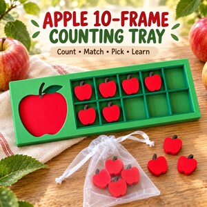 Peut inclure: Un plateau de comptage rectangulaire vert à 10 cadres avec une grande découpe en forme de pomme à gauche et dix emplacements carrés à droite. Le plateau comprend de petites pièces rouges en forme de pomme, placées dans les cases ou dans un sac.