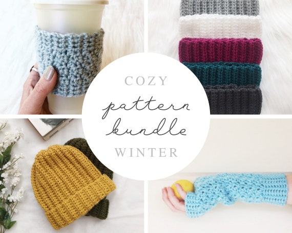 Cozy Winter Crochet Pattern Bundle - 4 Patterns: Coffee Cozie, Headband, Beanie, & Fingerless Gloves - PDF Instant Download - Noelebelle DIY