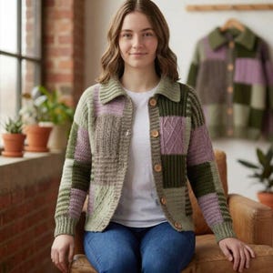 Haakpatroon voor een patchwork vest (PDF), kleurrijke gehaakte trui, vest met knoopsluiting, haakpatroon voor grote maten