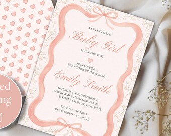 Invitación para baby shower con diseño coqueto, invitación para niña con lazo rosa, plantilla editable de Canva (imprimible de 5x7 pulgadas).