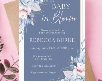 Invitación "Baby in Bloom", plantilla de invitación floral para baby shower (descarga digital)