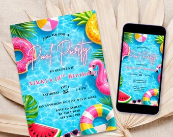 Plantilla editable de invitación para fiesta en la piscina, invitación de cumpleaños de verano para niña, descarga digital.