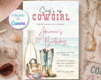 Invitación de cumpleaños con temática de vaquera costera, invitación para fiesta playera del oeste, plantilla editable de Canva (5x7), descarga digital.