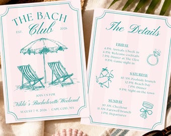 Invitación para despedida de soltera en la playa, plantilla para fin de semana en un club de despedida de soltera, itinerario costero para despedida de soltera, invitación editable en Canva.