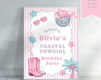 Plantilla de cartel de bienvenida de cumpleaños de vaquera costera, imprimible para fiesta en la piscina con temática de rodeo rosa, decoración de cumpleaños playera del oeste, descarga digital