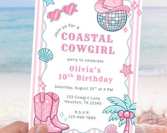 Plantilla de invitación de cumpleaños de vaquera costera, invitación rosa para fiesta playera estilo rodeo western, descarga digital.