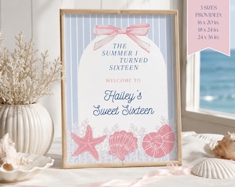 Plantilla editable de cartel de bienvenida Coastal Coquette, decoraciones imprimibles para fiesta de cumpleaños de verano de 16 años, descarga digital