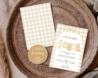 Invitación para baby shower unisex, invitación estilo boho con estampado de cuadros vichy y tendedero, plantilla editable de Canva, descarga digital.