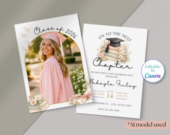 Invitación a fiesta de graduación, libros de acuarela, anuncio de graduación con foto (descarga digital)