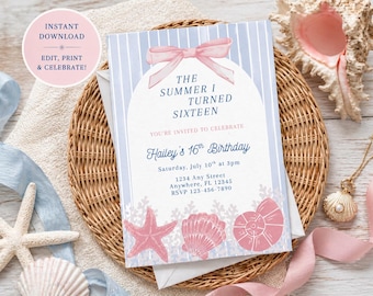 Invitación de quinceañera con temática costera, invitación para fiesta de cumpleaños de verano, plantilla editable de Canva (descarga digital)