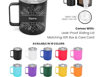 Personalized 12oz Camping Mug | Laser Engraved Camp Cup | Stainless Steel Mug | 10 Colors