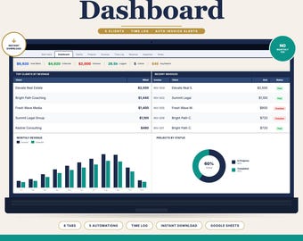Virtual Assistant Dashboard Google Sheets | Client Tracker, Retainer Tracker, Invoice & Time Log Template
