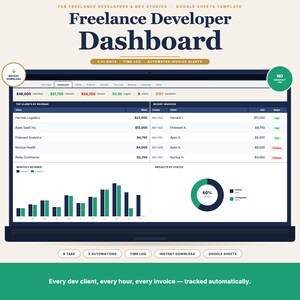 May include: A digital Freelance Developer Dashboard Google Sheets template displayed on a laptop screen. The interface features tabs for clients, projects, and invoices, with data visualizations including bar charts for monthly revenue and a donut chart for project status, plus tables for top clients and recent invoices.