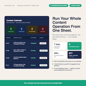 Content OS for Creators | Google Sheets Content Calendar, Platform Tracker & Automation