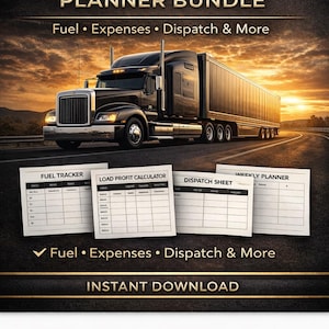 May include: A digital planner bundle for truck drivers. The image shows a black articulated lorry on a highway at sunset, with planner sheets for fuel, expenses, dispatch, and weekly planning. Text includes "Truck Driver Planner Bundle" and "Instant Download."