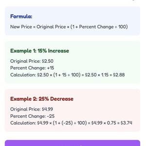 May include: A digital graphic explaining how to calculate percent change. The text includes the formula, an example of a 15% increase, and an example of a 25% decrease. The graphic has a purple and white color scheme.