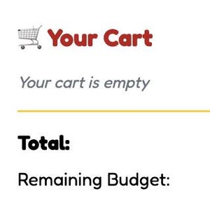 May include: A white background with the text "Your Cart" in red, and a small shopping cart icon. Below, the text reads "Your cart is empty." The words "Total:" and "Remaining Budget:" are also visible.