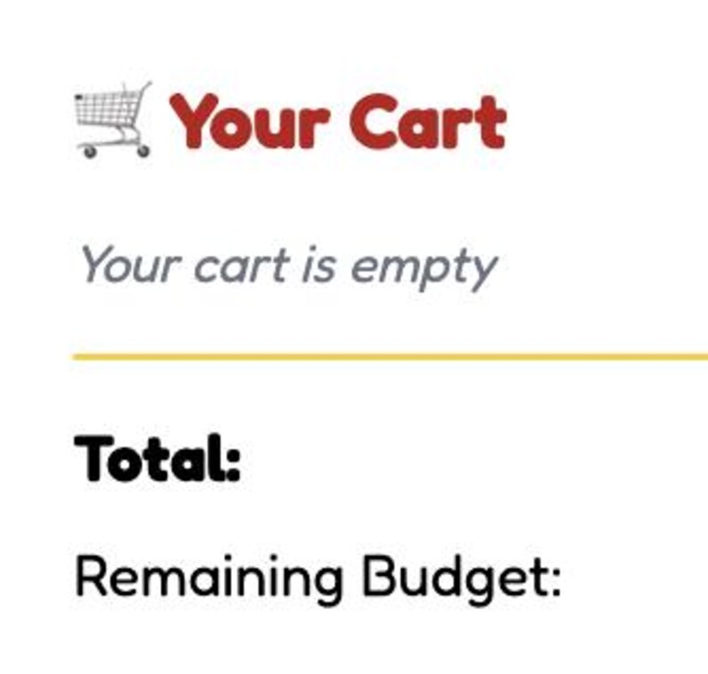 May include: A white background with the text "Your Cart" in red, and a small shopping cart icon. Below, the text reads "Your cart is empty." The words "Total:" and "Remaining Budget:" are also visible.