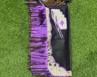 Hand Tooled Western Rodeo Leather Chap - Handmade Custom Floral Black/Purple Riding Chap