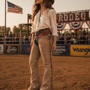 Könnte beinhalten: Eine Person in einer Rodeo-Umgebung, die einen braunen Cowboyhut, ein cremefarbenes Button-Down-Hemd und gefranste Chaps trägt. Der Hintergrund umfasst eine Rodeo-Arena, die amerikanische Flagge und das Wort "RODEO".