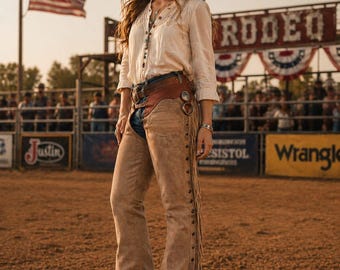 Chap da donna in pelle con frange stile western - Pantaloni da cowboy vintage nativi americani, Chap da cowgirl