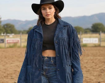 Women's 100% Geniune Suede Leather Western Wear Jacket Fringes – Traditional Vintage Style Blue Tassel Coat - Gift For Her